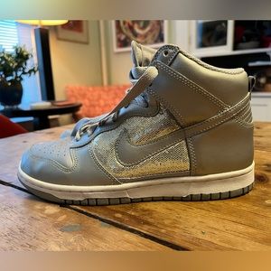 nike dunks high! metallic silver and gray! 7.5